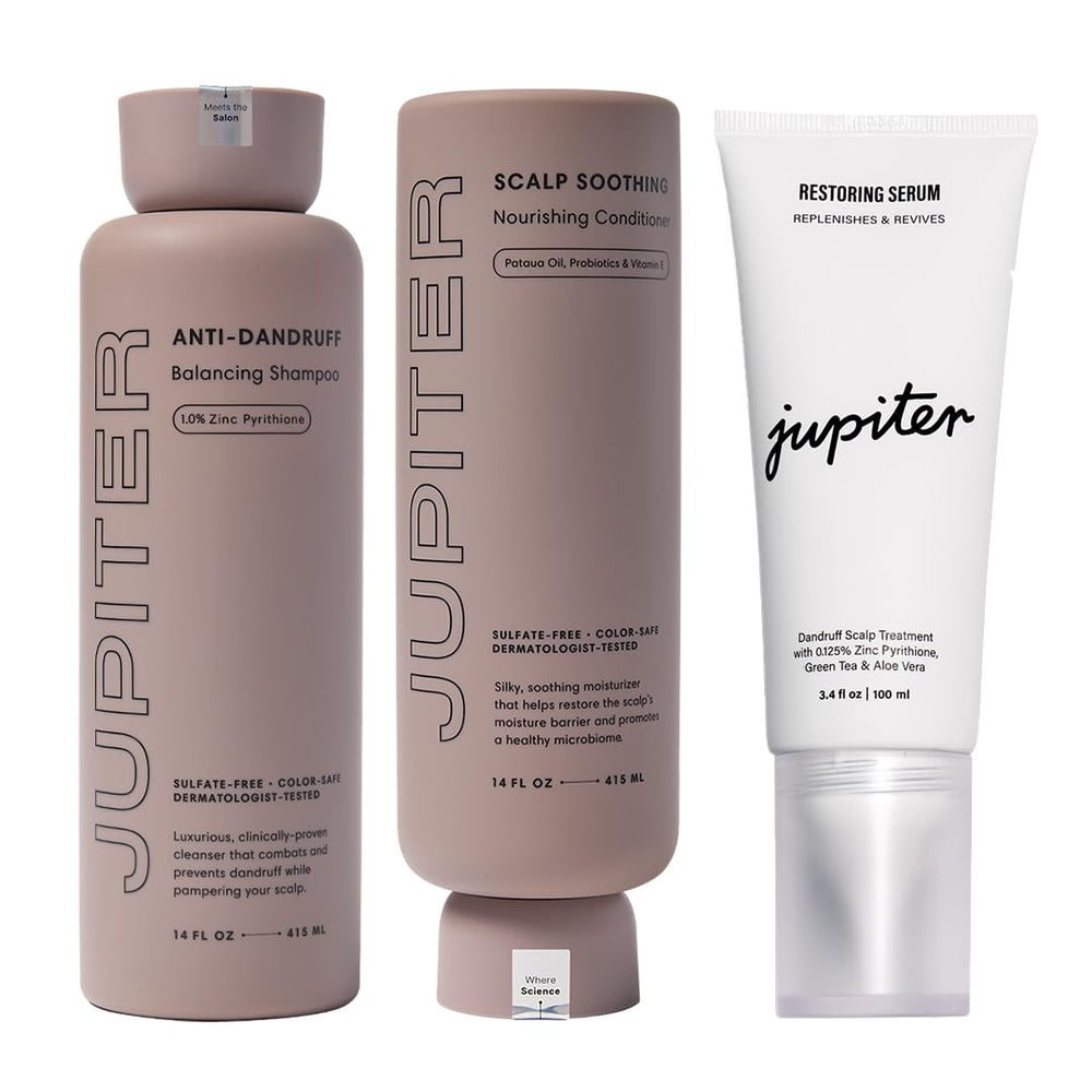 Jupiter Balancing Shampoo bottle pour shows flakes and oil control.