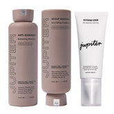 Jupiter Balancing Shampoo bottle pour shows flakes and oil control.
