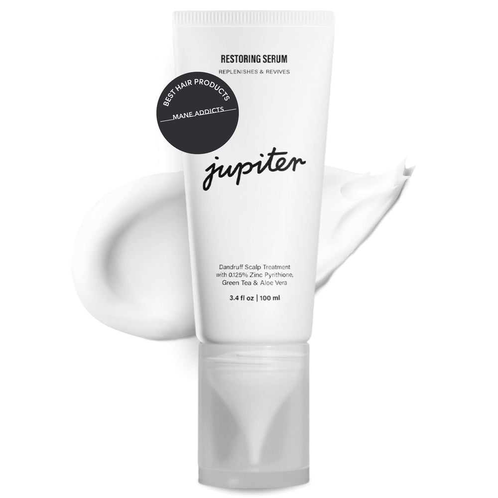 Jupiter Restoring Scalp Serum bottle pour offers fast, lightweight scalp relief.
