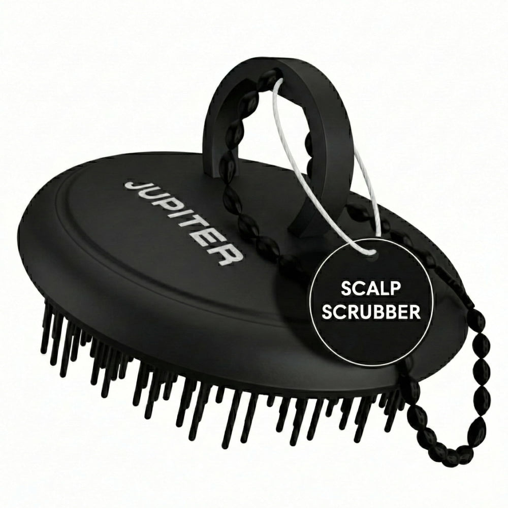 Jupiter scalp exfoliator front view showing sleek black body and bristles for effective cleansing