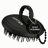 Jupiter scalp exfoliator front view showing sleek black body and bristles for effective cleansing