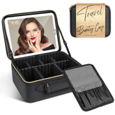 JUSRON Travel Makeup Bag LED Mirror close-up showing three-color fill light for precise makeup