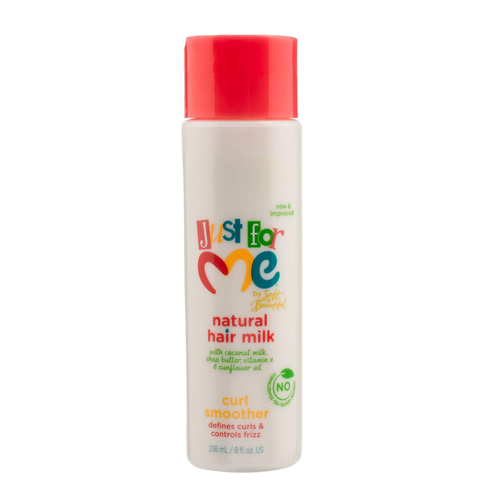 Just For Me curl smoother bottle closeup showing lightweight moisture for soft curls.