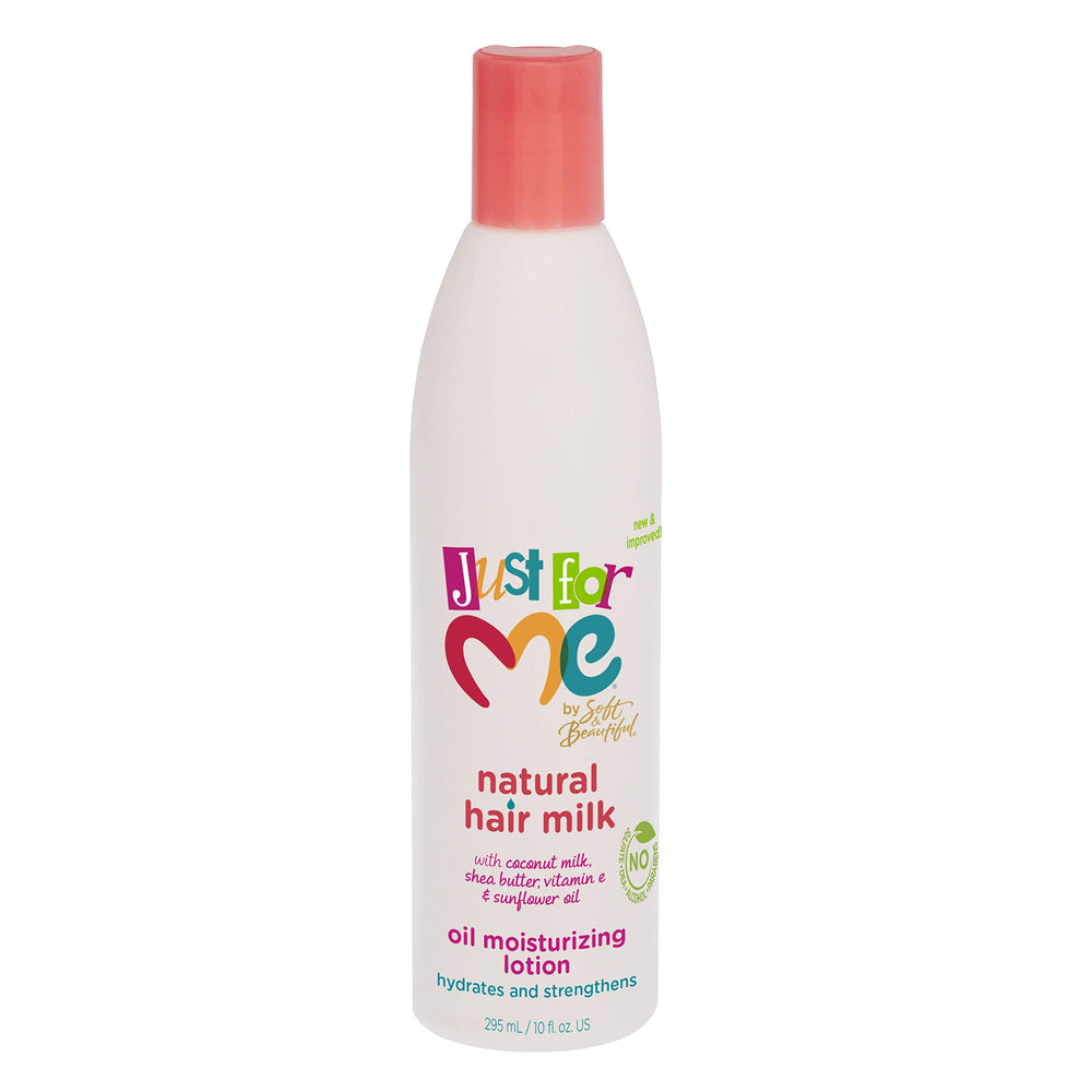 Just For Me Natural Hair Milk Lotion, envase práctico para hidratación diaria del cabello.