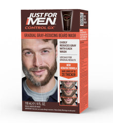 Just for Men Control GX beard wash bottle with rich lather for gradual grey reduction.