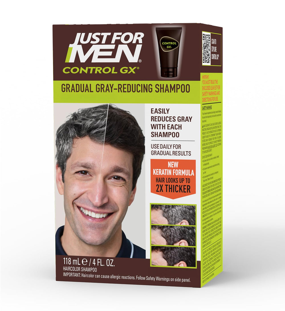 Just for Men Control GX shampoo bottle demonstrates a gradual grey-reducing formula for natural-looking color.