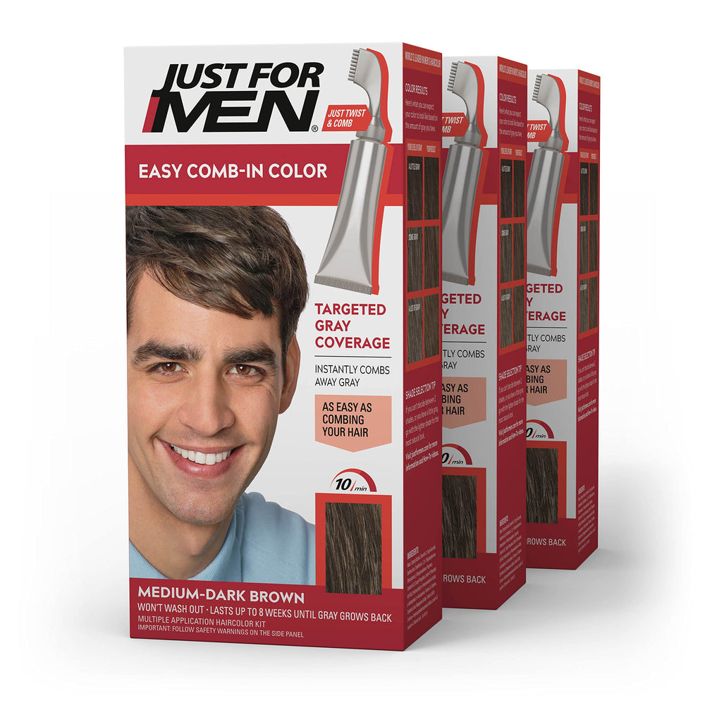 Just For Men Easy Comb-In Color tube in medium-dark brown for quick gray coverage.
