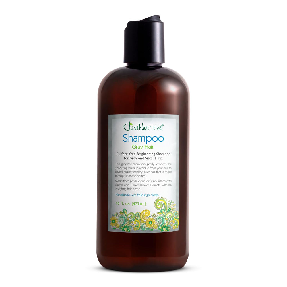 Just Nutritive gray hair shampoo bottle showcasing color-safe formula for salon-like care.