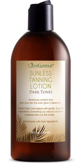 Just Nutritive Sunless Tanning Lotion Dark Tones bottle ready for application and glow.