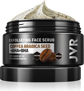 JVR Face Scrub coffee exfoliation bottle helps deep cleanse pores and soften skin during a wash.
