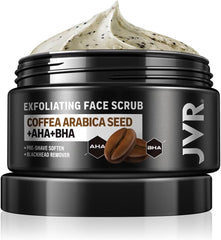JVR Face Scrub coffee exfoliation bottle helps deep cleanse pores and soften skin during a wash.