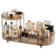 Jywantful makeup organizer with 360 rotating trays for quick access to cosmetics on the vanity