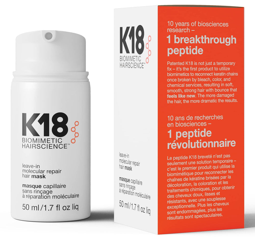 K18 full-size leave-in molecular mask bottle promising stronger, healthier hair.