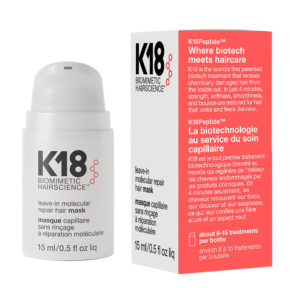 K18 Mini Leave-In bottle-pump for quick at-home hair repair
