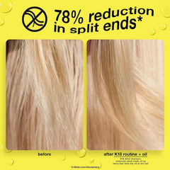 K18 Molecular Repair Hair Oil is being applied to smooth frizz-prone strands.
