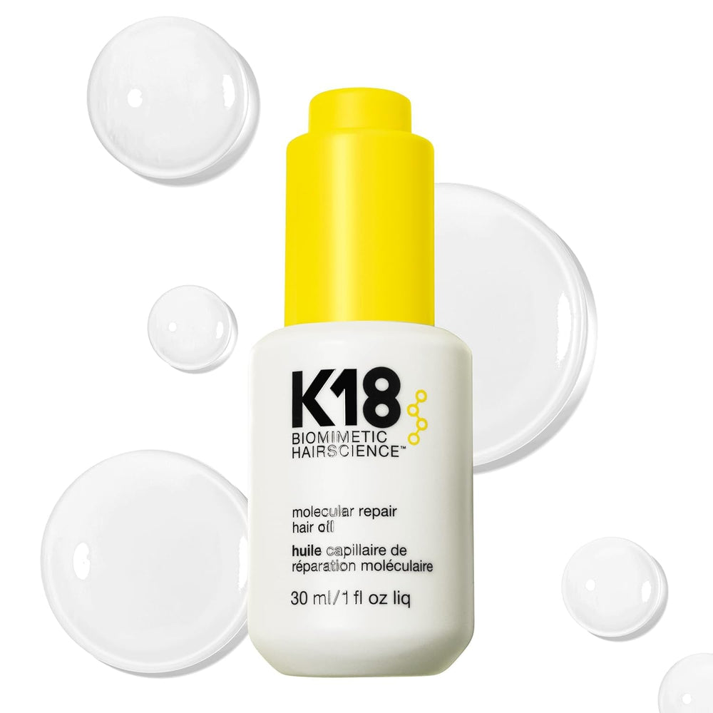 K18 Molecular Repair Hair Oil bottle demonstrates weightless frizz repair.