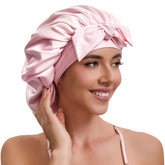 KAAHYNNO silk satin bonnet on head for gentle sleep protection and frizz reduction