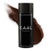 KAAL Hair Fibers bottle closeup offers instant fuller look for thinning hair.