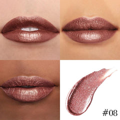 Kaely brown metallic lipstick swatch on lips for subtle shine.
