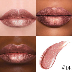 Kaely metallic lipstick application swatch highlighting bold color and glossy finish