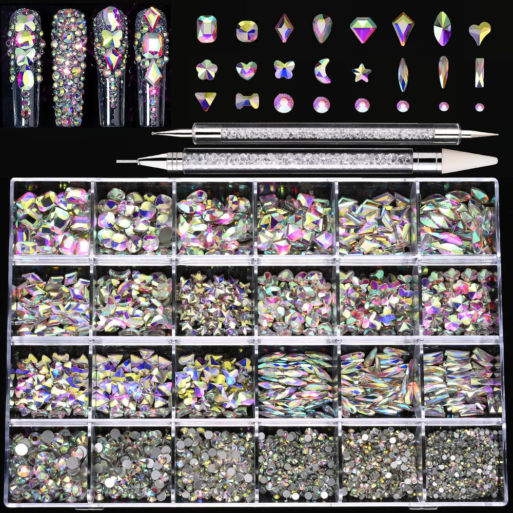 Kaipheiquan Nail Rhinestones Kit 900 AB Diamonds close up ready to apply sparkle for nails