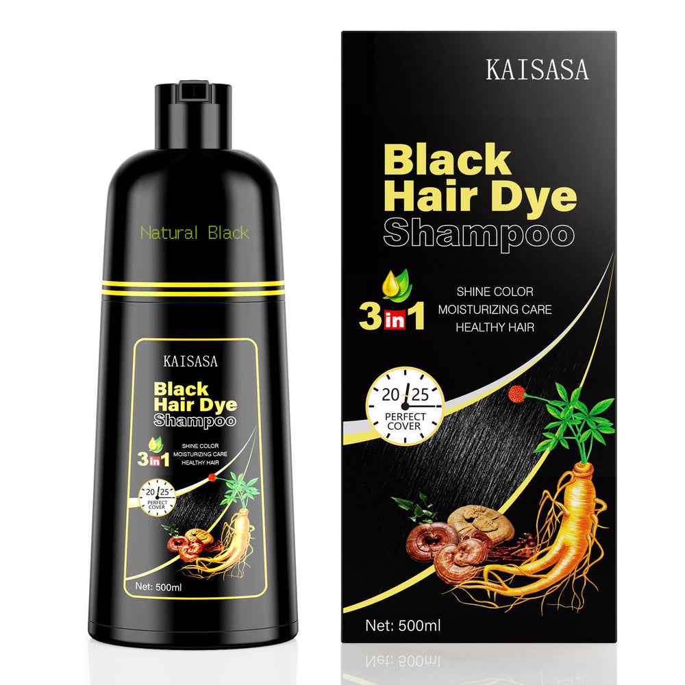 KAISASA Black Hair Dye Shampoo bottle pour for easy at-home gray coverage.