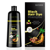 KAISASA Black Hair Dye Shampoo bottle pour for easy at-home gray coverage.