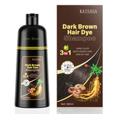 KAISASA dark brown hair dye shampoo bottle closeup shows 3-in-1 color, cleanse, conditioning