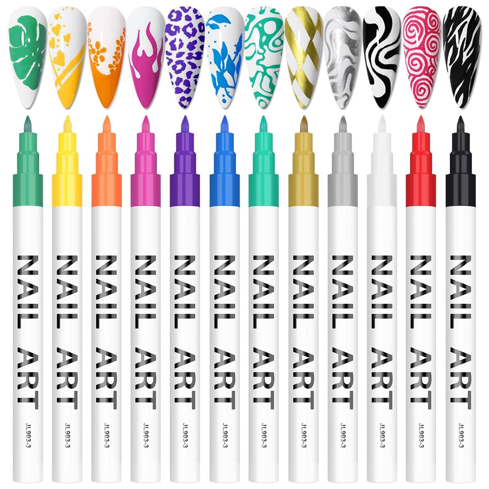 Kalolary nail art pens set shows 12 vibrant colors for versatile DIY designs.