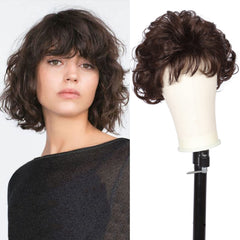 Kalyss dark brown short curly wig bangs side view demonstrates versatile styling and secure fit.