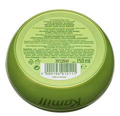 Kamill Classic Hand and Nail Cream jar label close-up, chamomile and bisabolol benefits