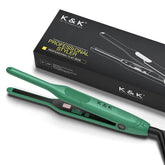 K&K mini flat iron close-up shows 3/10-inch titanium plate for smooth styling.