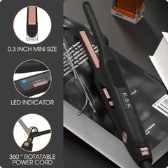 K&K mini flat iron used on pixie cut for sleek, quick styling.