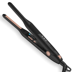 K&K mini flat iron plates close-up showing titanium coating for smooth styling.