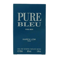 Karen Low packaging box for Pure Blue EDT emphasizing premium presentation.