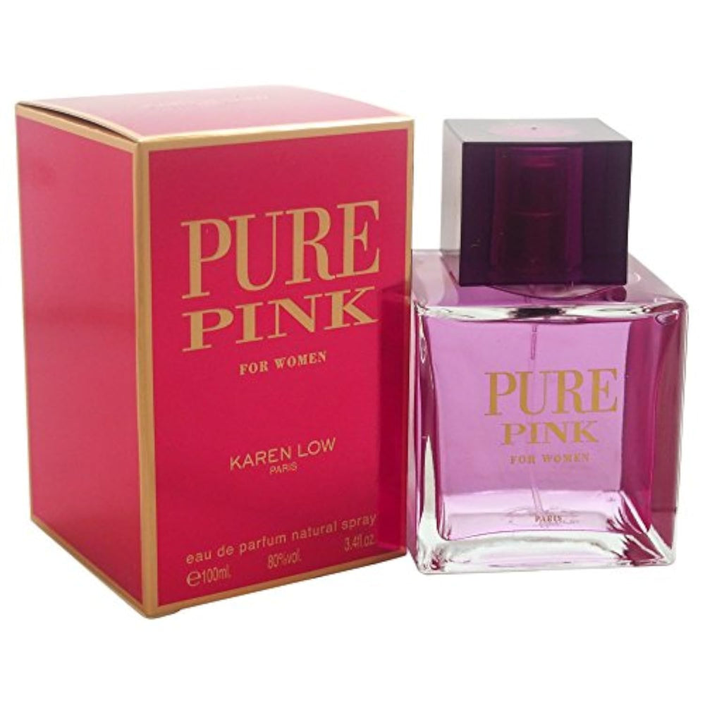 Karen Low Pure Pink Eau de Parfum bottle highlights fruity-floral notes for date-night wear.