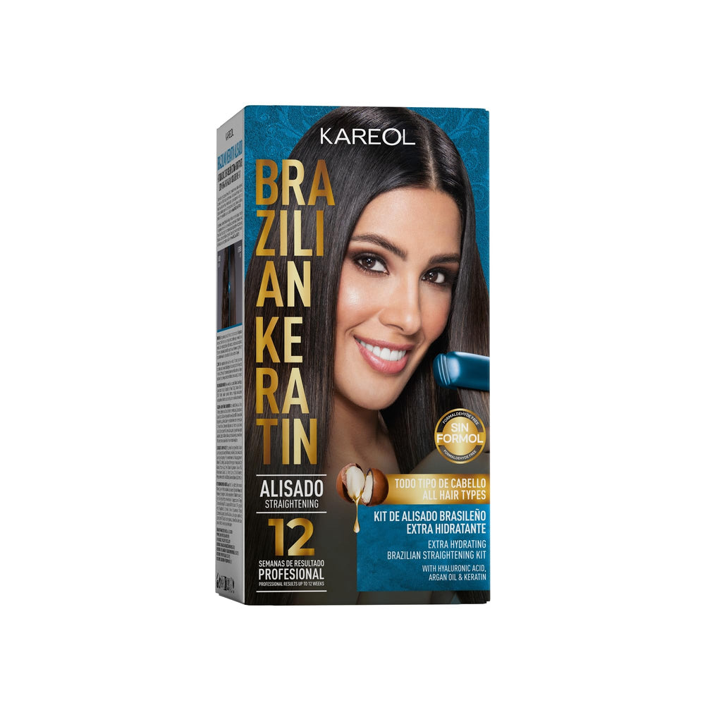 Kareol packaging for Brazilian Keratin Kit signaling at-home smoothing with vegan formula