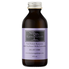 Karma Organic Nail Polish Remover bottle with soybeans and lavender for nourishing care.