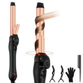 Karrong rotating curling iron clip shows secure grip for medium-to-long hair styling