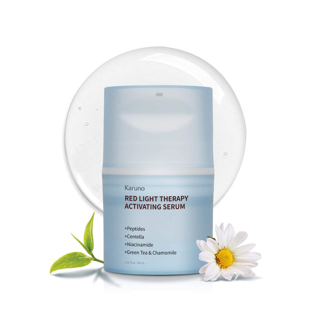 KARUNO Red Light Activation Serum bottle front showing hydration-boosting formula for LED sessions.