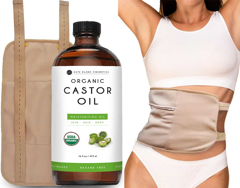 Kate Blanc Cosmetics castor oil pack wrap on belly for mess-free abdominal use