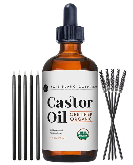 Kate Blanc Cosmetics castor oil bottle ready for daily brow conditioning.