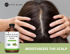 Kate Blanc Cosmetics castor oil label close-up shows organic, cold-pressed formula for brows.