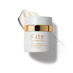Kate Somerville Retinol Vitamin C Moisturizer bottle closeup shows overnight brightening potential.