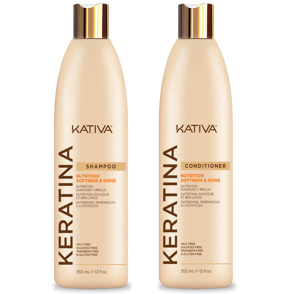 KATIVA keratin pack bottle showing shampoo and conditioner for nourished, shiny hair