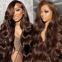 KEKEYY 28-inch chocolate brown lace front wig on model for natural daily wear.