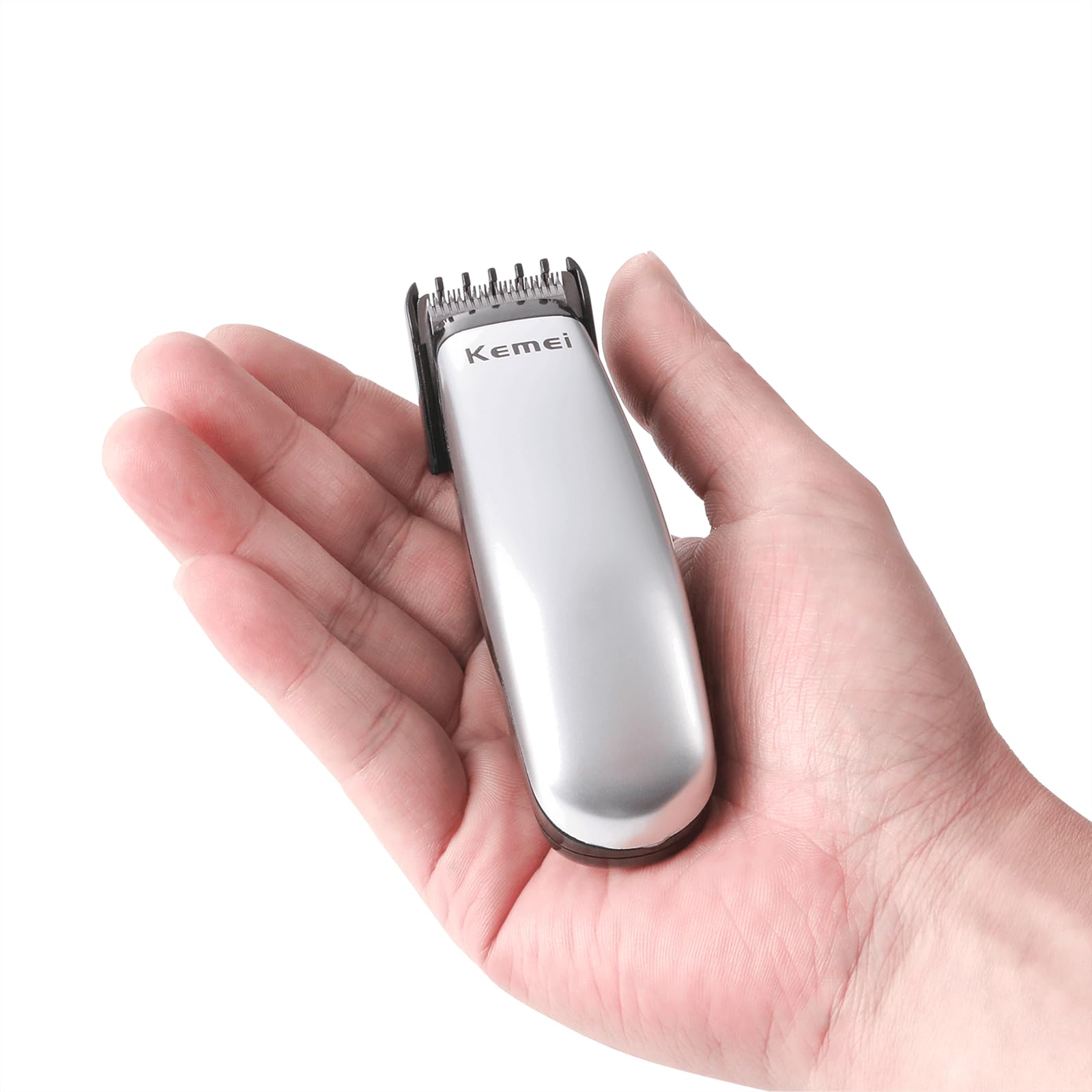 KEMEI Mini Hair Trimmer front view in silver for quick on-the-go touch-ups.