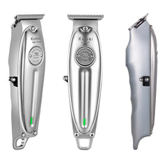 Kemei pro-trimmer T-blade detail emphasizes precision for versatile styling.