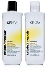 Kenra Triple Repair shampoo bottle demonstrates bond-building action to reduce breakage.