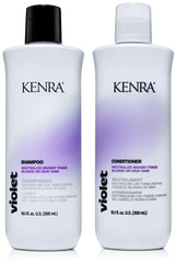 Kenra Violet Shampoo bottle pour demonstrates brassy tone reduction for cooler blonde
